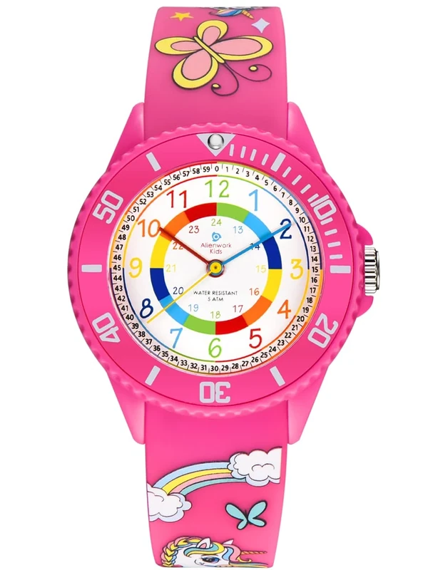 Alienwork Unicorn Girl Children's Teacher Watch Girls Rose Silicone Strap Multi-Coloured Children's Kid Waterproof 5 ATM Learning Time