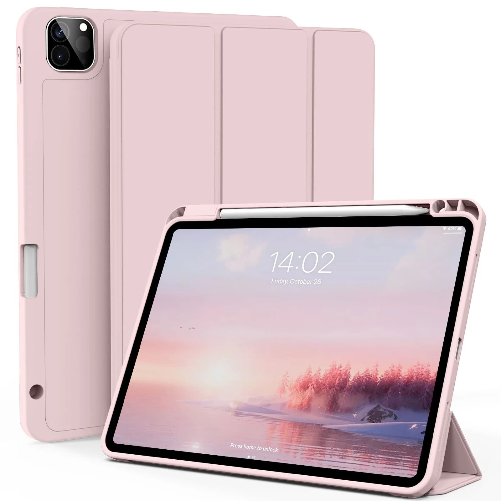 ZOYU Case for iPad Pro 11 Inch 4th/3rd/2nd Generation (2022/2021/2020), Slim Trifold Smart Case with Pencil Holder, Soft TPU Back Cover [Support 2nd Pencil Charging], Auto Sleep/Wake, Pink