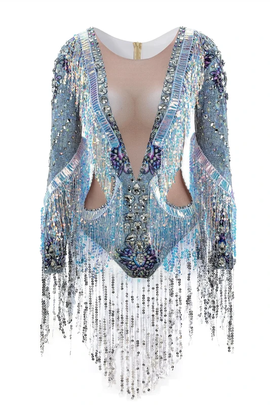 YUANTONG Silver Glitter Rhinestone Drag Queen Bodysuit For Women Sexy Sequin Costumes Fringe Outfit, Silver, One Size