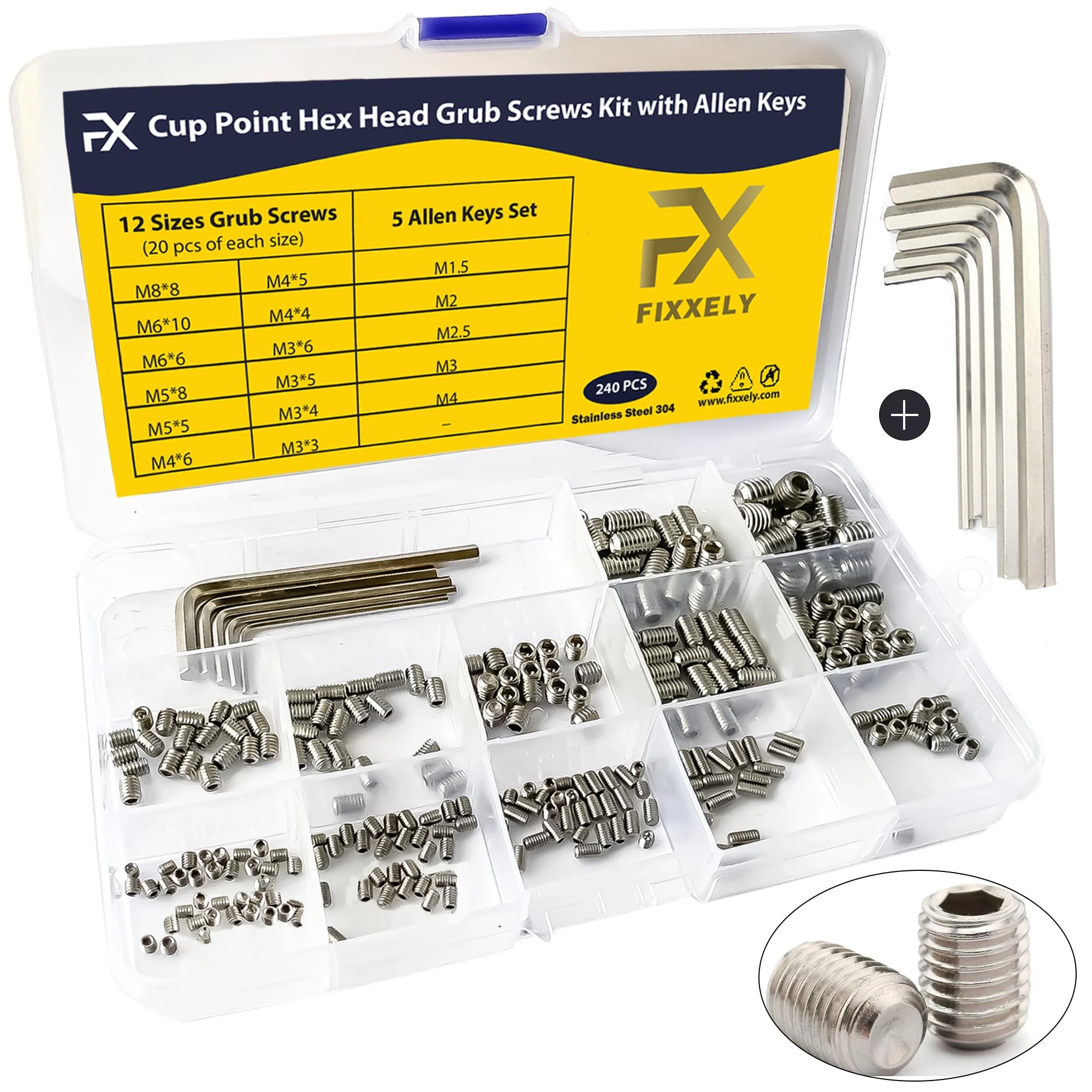 FIXXELY Grub Screws Assorted Set of 240 (M3,M4,M5,M6,M8) Cup Point & Hex Head with 5 Allen Key (M1.5,M2,M2.5,M3,M4) - 304 Stainless Steel Assorted Sizes Ideal for Door Handle, Home Repairs & Fixtures