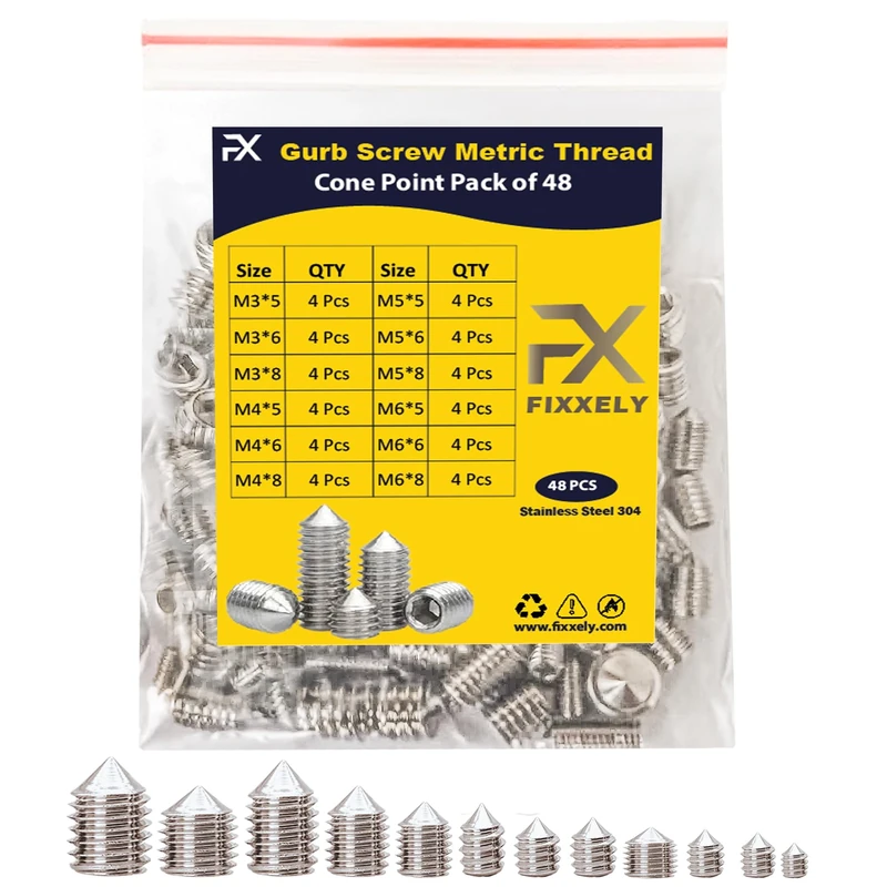 FIXXELY Grub Screws Assorted Pack of 48 (M3,M4,M5,M6,) Cup Point & Hex Head - 304 Stainless Steel Assorted Sizes Ideal for Door Handle, Home Repairs Fixtures & More