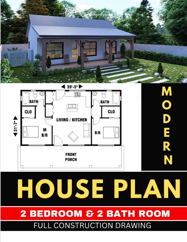 Modern 2 Bedroom & 2 bath room tiny House plan with 860 square feet: Full Complete Drawing Set - Image 1
