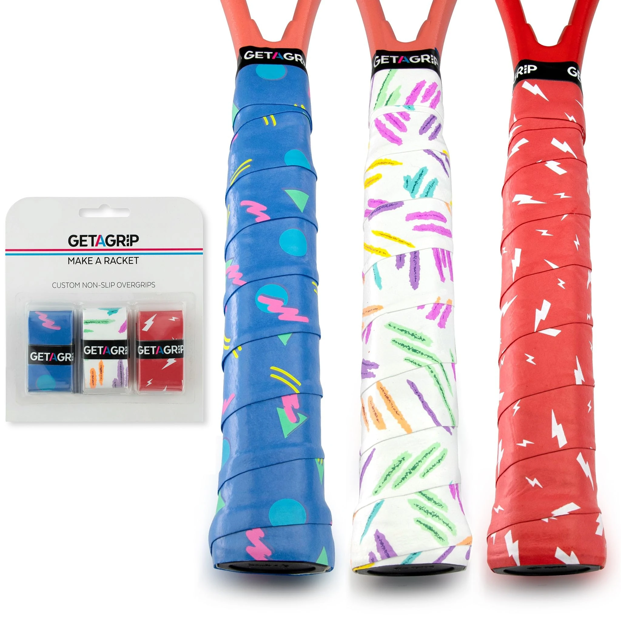 GET A GRIP - Custom Tennis Racket Grip Tape - Anti-Slip/Quick-Drying Tennis Overgrips - Precut Badminton Racket Grip (The Next Gen Pack)