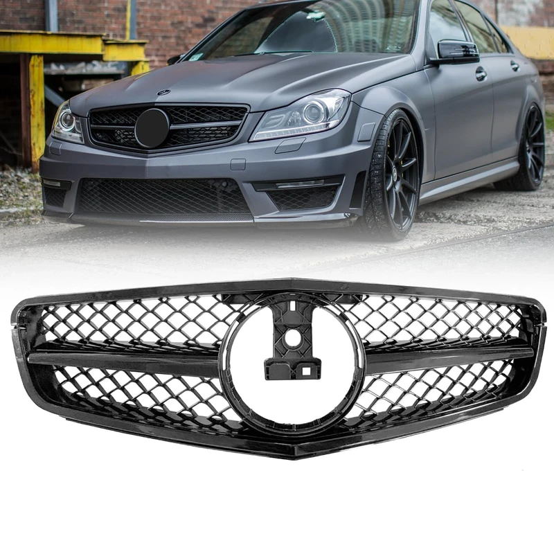 DIBON AUTO W204 Grill Front Grille Compatible with 2008-2014 Mercedes Benz W204 C Class C250 C300 C350 (AMG Style-Gloss Black)