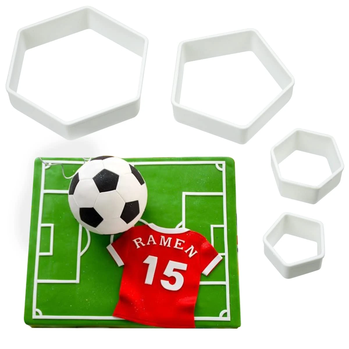 4 Pcs Football Pattern Cookie Cutters 4 Sizes Hexagon Cookie Cutter Plastic Soccer Cake Fondant Cutters for Kitchen Boys Kids DIY Soccer World Cup Sugar Craft Moulds Cake Desserts Decorating Tools