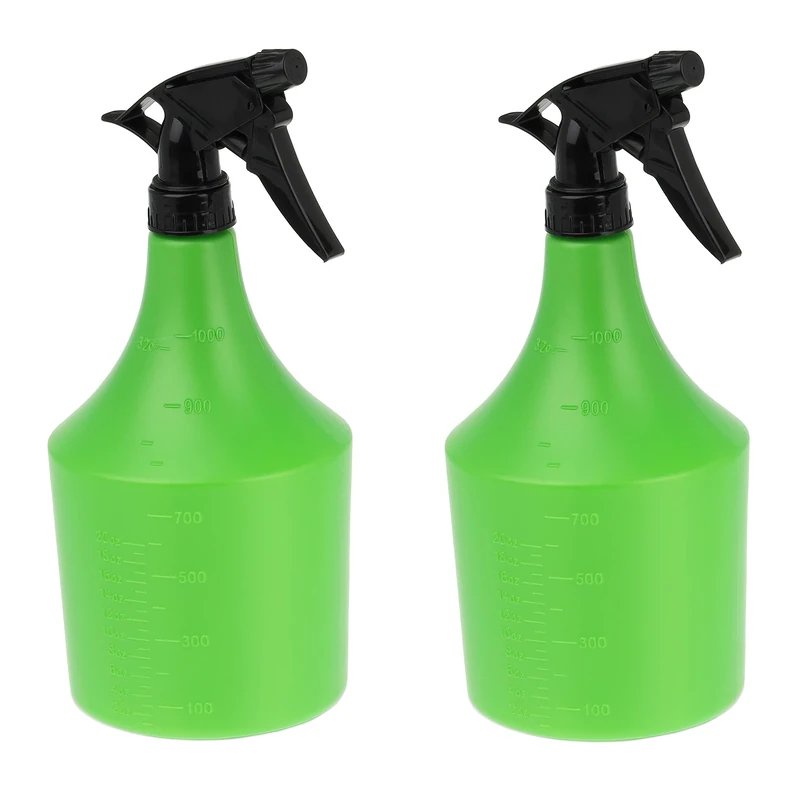 Relaxdays 2x Spray Bottle, 1 Litre each, Nozzle with Mist & Stream, Scale, Refillable, Plastic, 25x12x10 cm, Green/Black