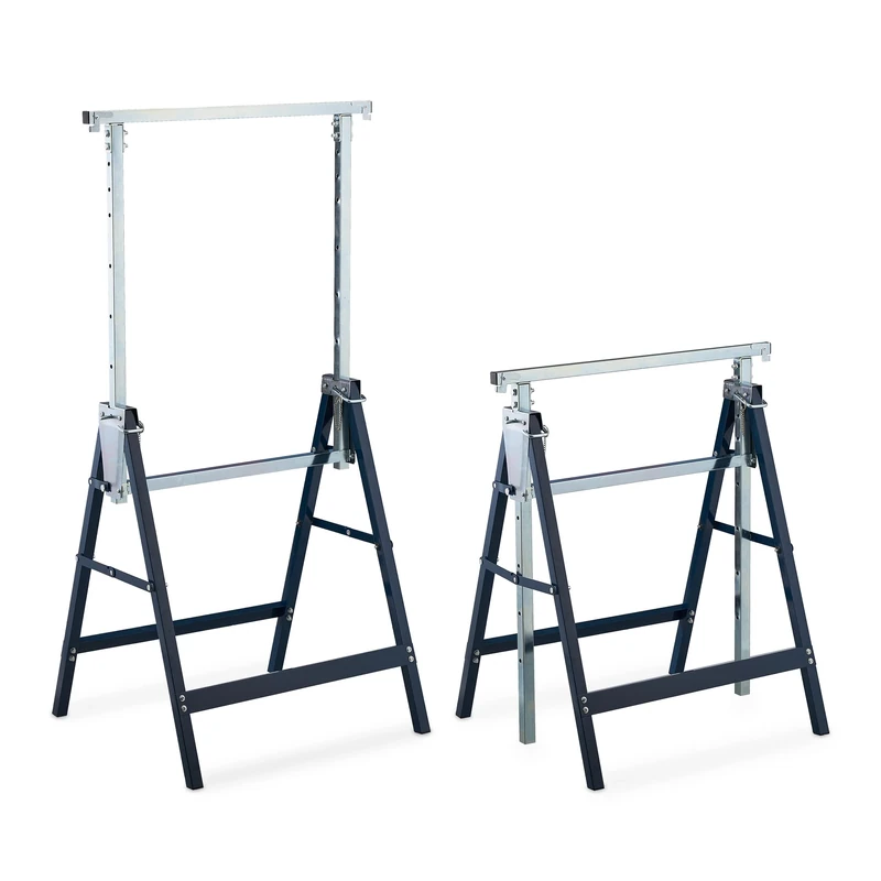 Relaxdays Set of 2 Sawhorses, 7 Height Settings, Max. 200 kg, 130x68.5x58 cm, All-Purpose Trestles, Steel, Blue/Silver