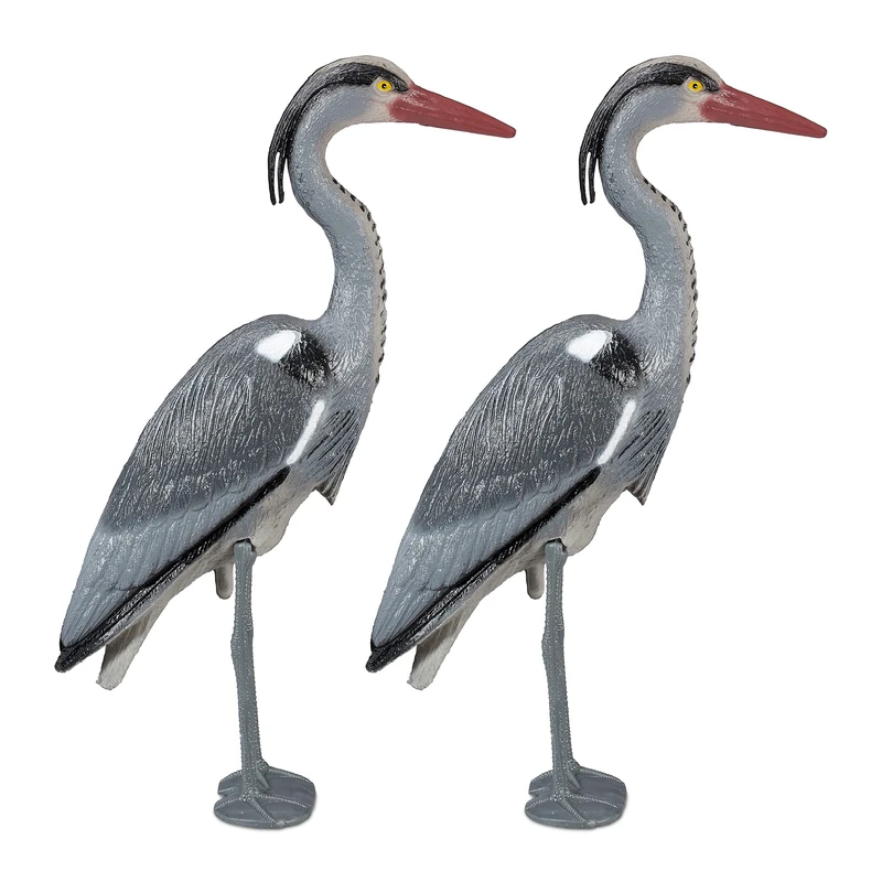 Relaxdays Decorative Heron Decoy, Standing Heron Statue, Garden Pond Protection, Bird Repellent, PE, Grey