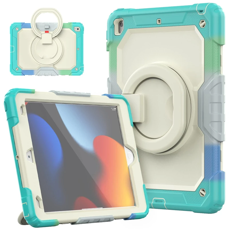 HUEZOE iPad 10.2 Inch Case, 2021/2020/2019 Model, Heavy Duty Rotating Shockproof Case Cover for iPad 9th / 8th Generation (Blue Rainbow)