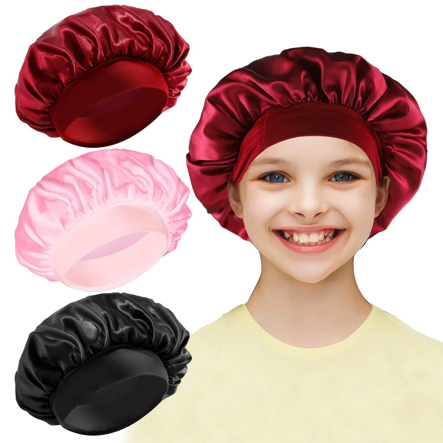 3 Pieces Kids Silk Bonnet, Children Satin Elastic Night Sleep Bonnet Wide Band Soft Satin Sleep Caps Hair Caps for Kids Girls Sleeping Hair Care