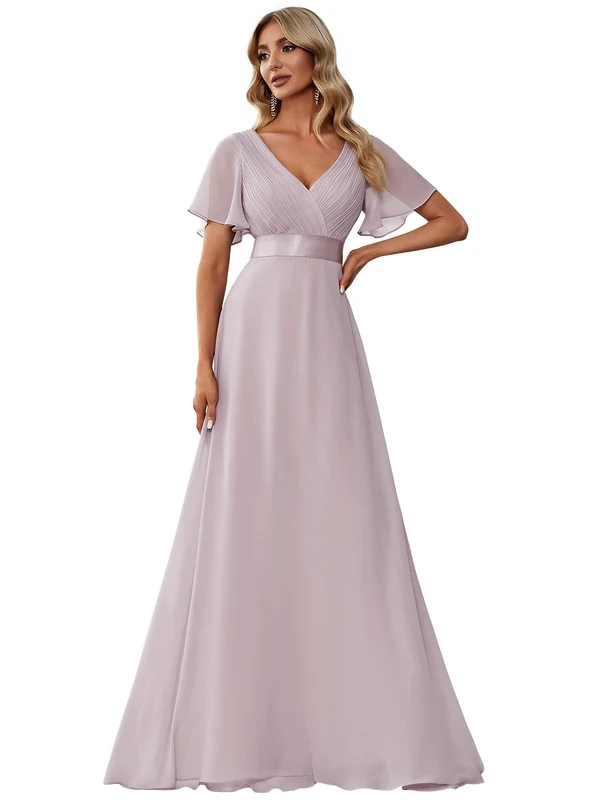 Ever-Pretty Women's Double V-Neck Short Flutter Sleeves Empire Waist Elegant Chiffon Long Bridesmaid Dresses Lilac 12UK