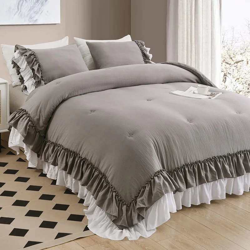 Masaca Ruffle Queen Comforter Set,Grey White Ruffled Comforter Sets for Queen Bed Shabby Boho Chic Farmhouse Bedding Set(1 Ruffle Comforter and 2 Pillowcases)