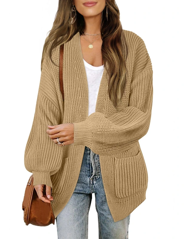 Merokeety Women's Open Front Long Lantern Sleeve Cardigan Oversized Chunky Outwear with Pocket, Lightkhaki, Medium - Image 1