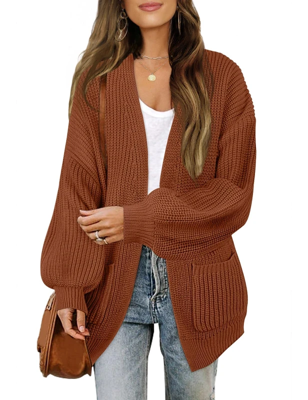 MEROKEETY Women's 2025 Open Front Chunky Cardigans Lantern Long Sleeve Oversized Knit Outwear with Pocket, Caramel, L