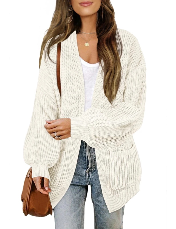 Merokeety Women's Open Front Long Lantern Sleeve Cardigan Oversized Chunky Outwear with Pocket, Beige, Medium - Image 1