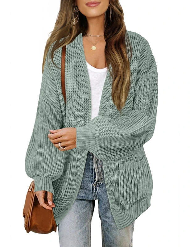 MEROKEETY Women's 2025 Open Front Chunky Cardigans Lantern Long Sleeve Oversized Knit Outwear with Pocket, Sage, Small - Image 1