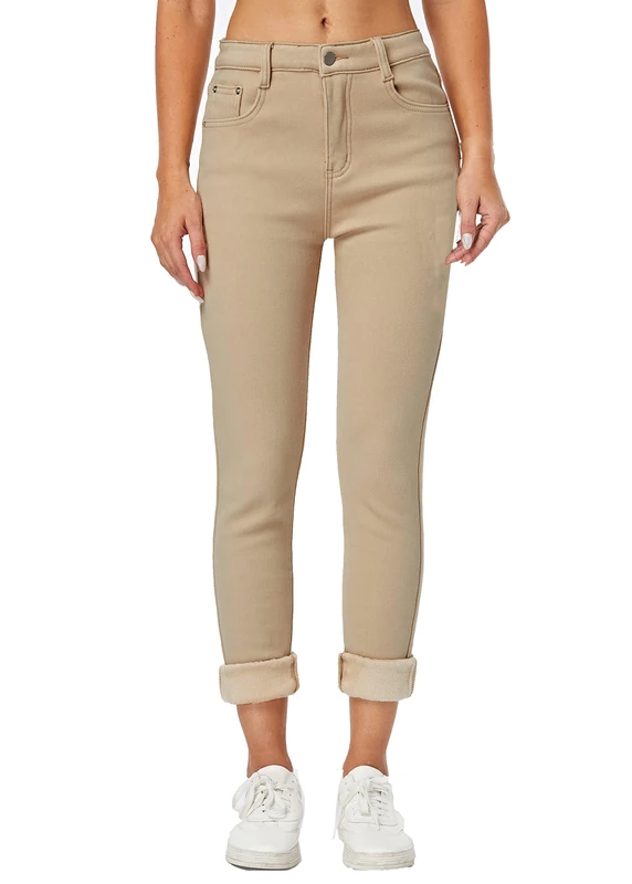 heipeiwa Women's Winter Clothes Jeans Fleece Lined Thermal Thick Skinny Denim Pants Slim Stretch Warm Jeggings, Khaki, Large