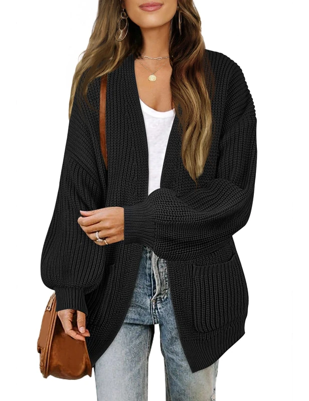 Merokeety Women's Open Front Long Lantern Sleeve Cardigan Oversized Chunky Outwear with Pocket, Black, Medium - Image 1