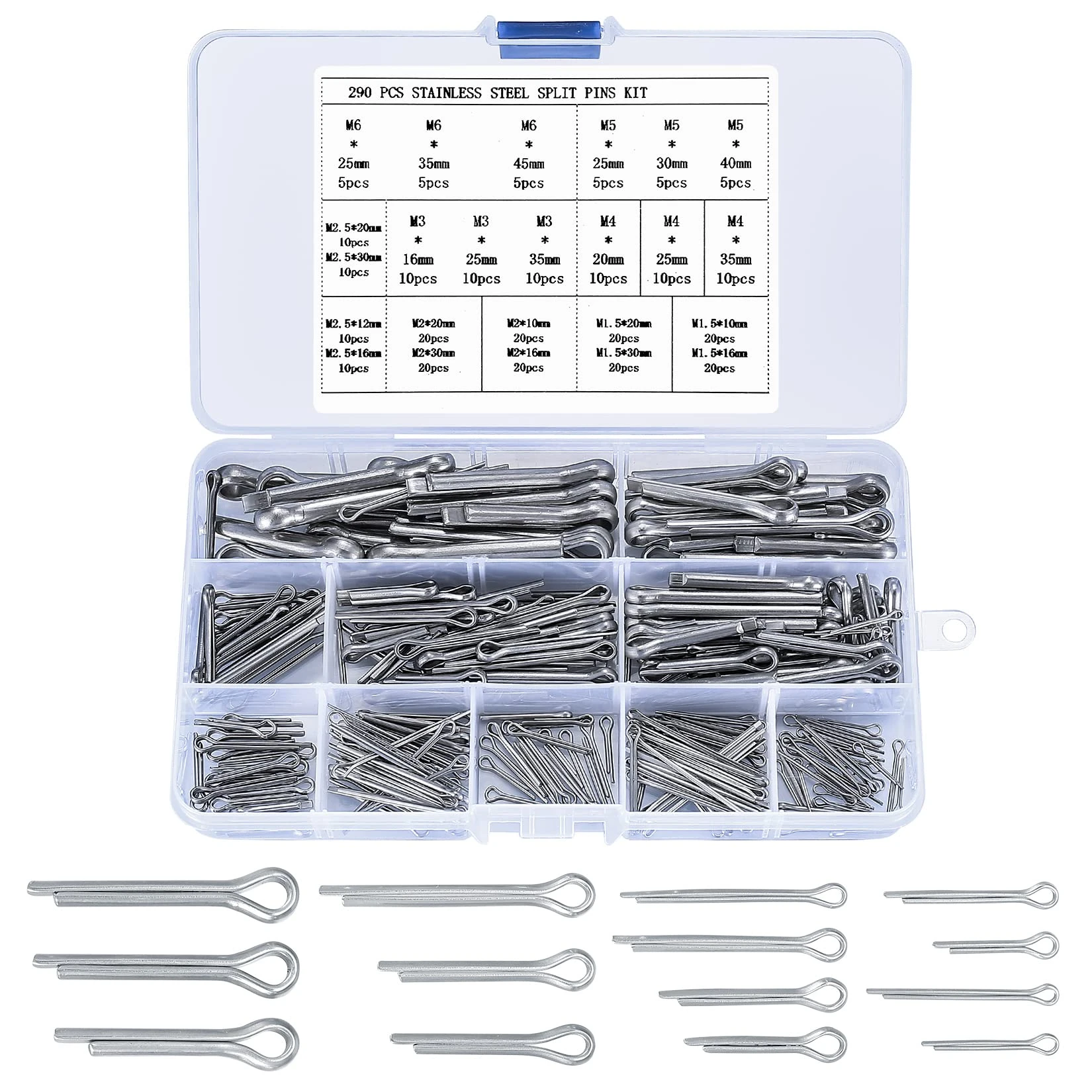 290 Pcs Stainless Steel Split Cotter Pins Kit, Assortment of 24 Sizes for Automotive, Mechanics, Car Garage, Workshop Repair