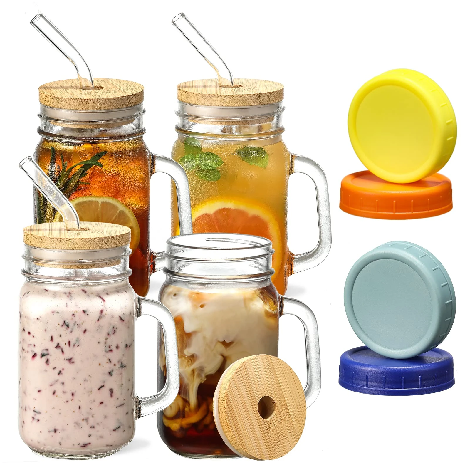 VITEVER Mason Jars with Handle, Glass Mugs with Straws and Bamboo Lids & Colorful Airtight Lids 4pcs Set, 16oz Drinking Glass Cups, Travel Tumbler for Iced Coffee, Smoothie, Overnight Oats Containers