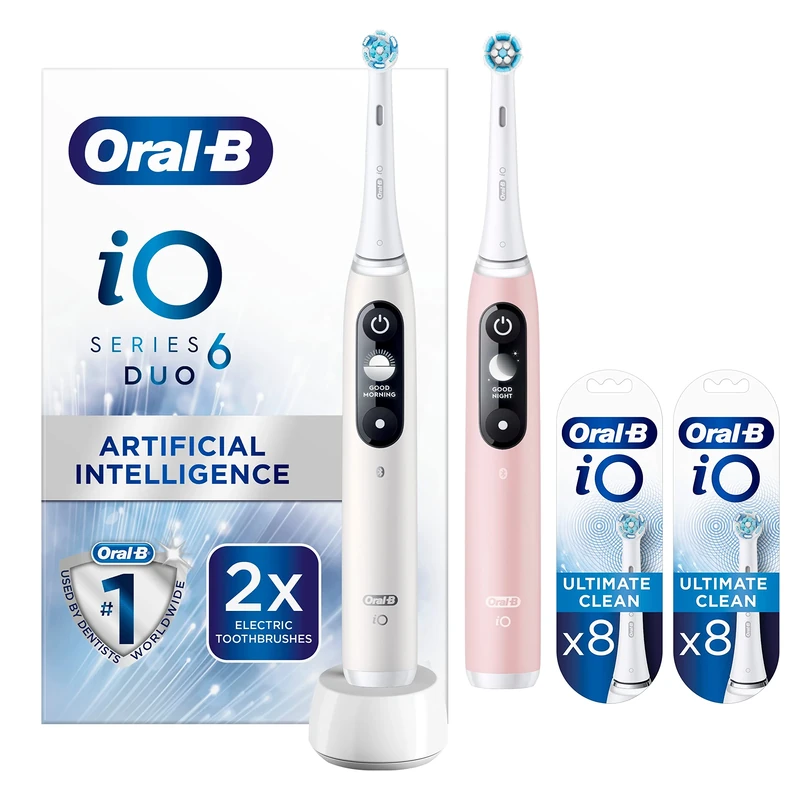 Oral-B iO6 White & Pink Sand Electric Toothbrush Duo Pack + Replacement Toothbrush Heads 8-Pack + Toothbrush Heads, Pack of 8 Counts