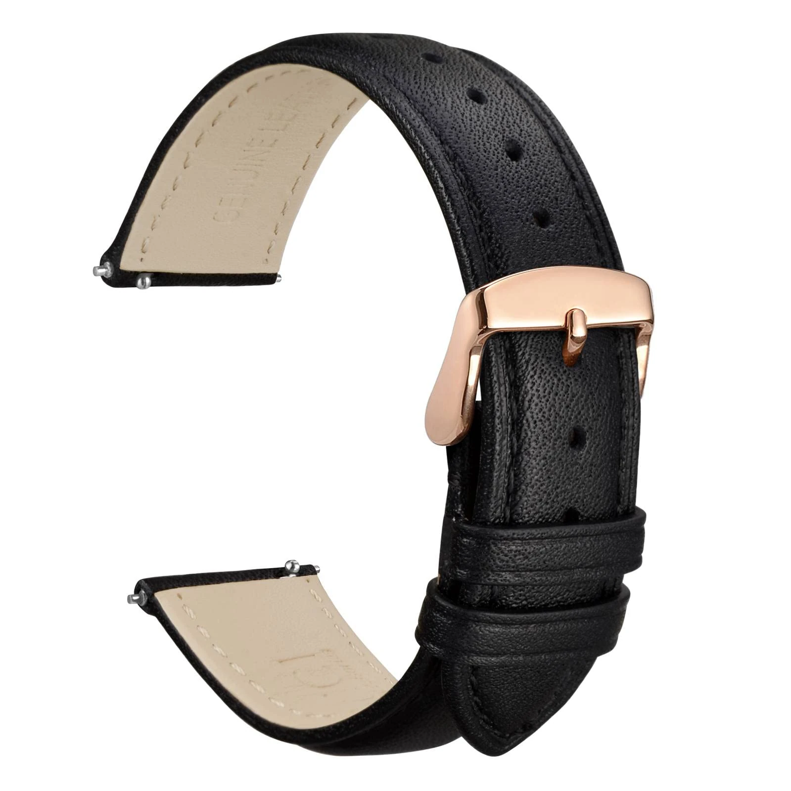 WOCCI 22mm Leather Watch Strap for Women and Men, Quick Release Band, Rose Gold Buckle (Black)