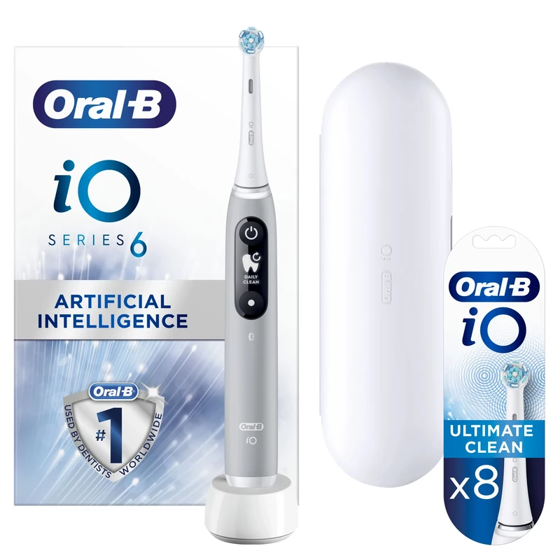 Oral-B iO6 Grey Opal Ultimate Clean Electric Toothbrush + White Toothbrush Heads, Pack of 8 Counts
