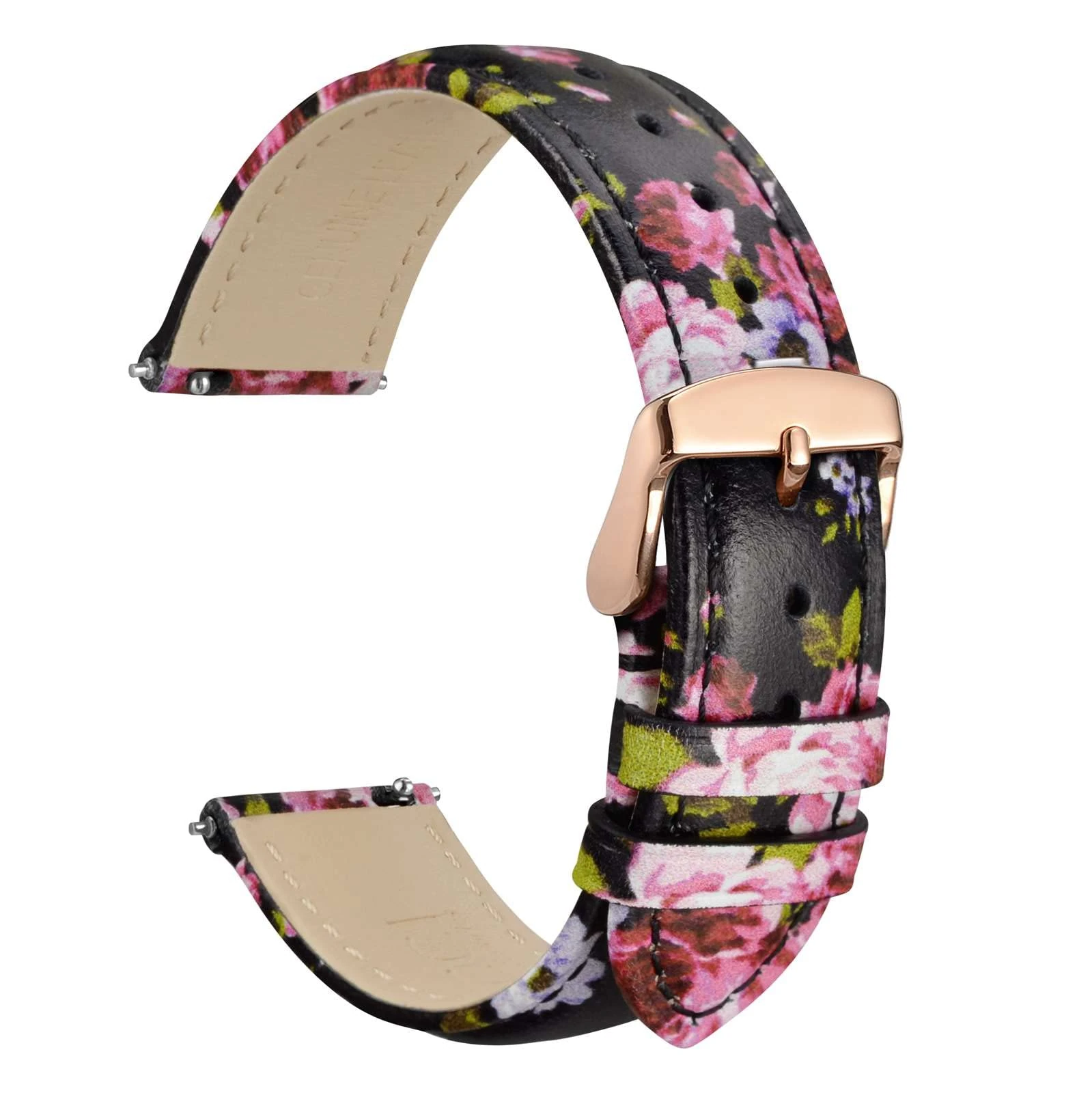WOCCI 18mm Leather Watch Strap for Women with Floral Print, Quick Release Band, Rose Gold Buckle (Fuchsia Peony)
