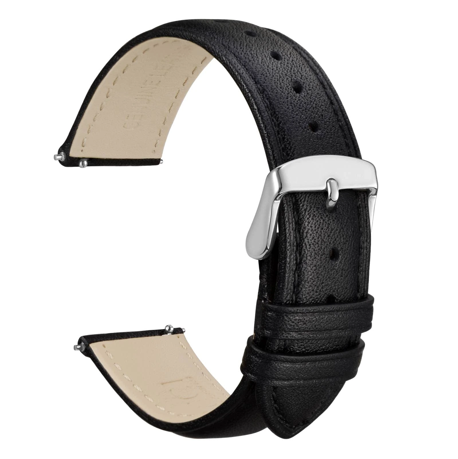 WOCCI 18mm Leather Watch Strap for Women and Men, Quick Release Band, Silver Buckle (Black)