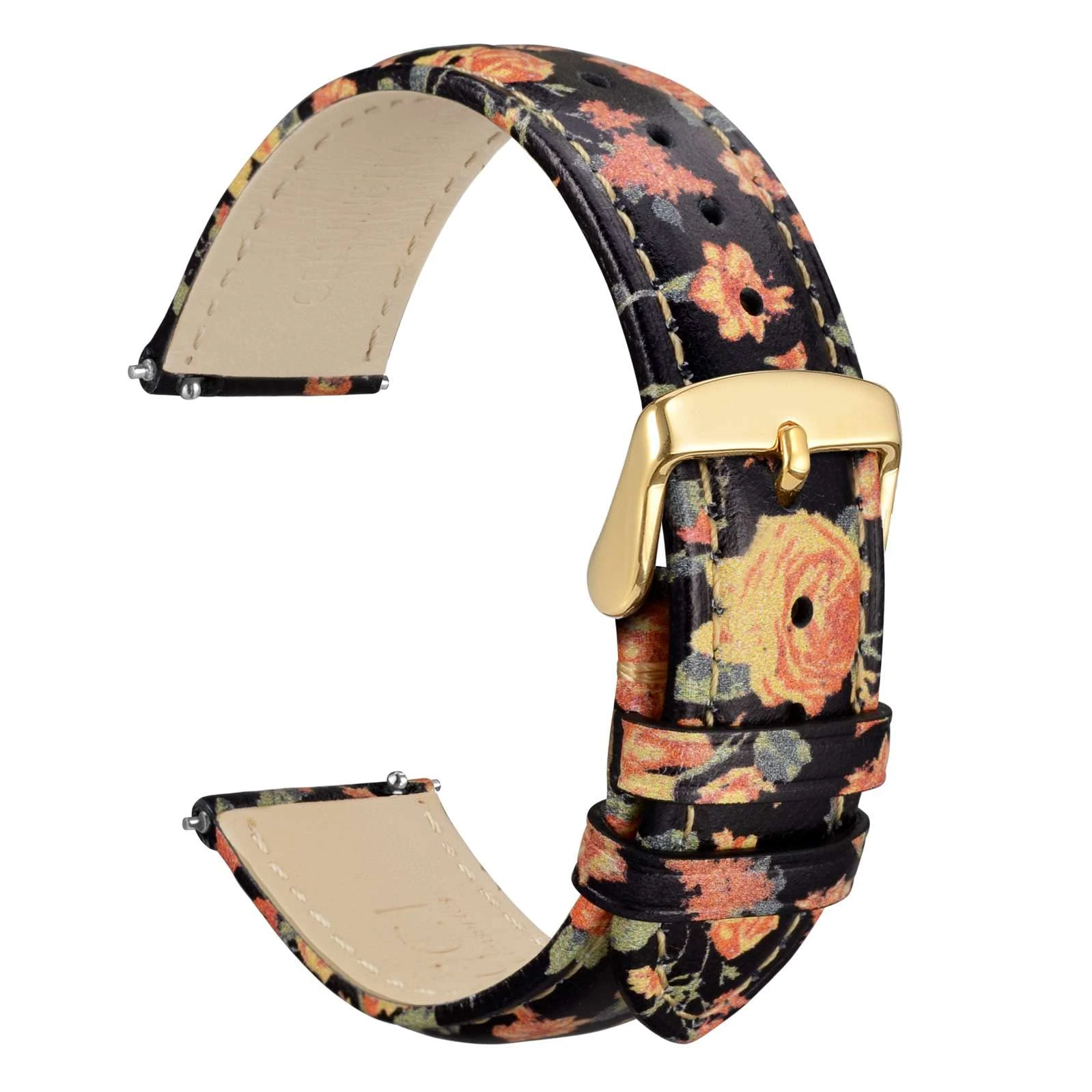 WOCCI 18mm Leather Watch Strap for Women with Floral Print, Quick Release Band, Gold Buckle (Red-Yellow Rose)