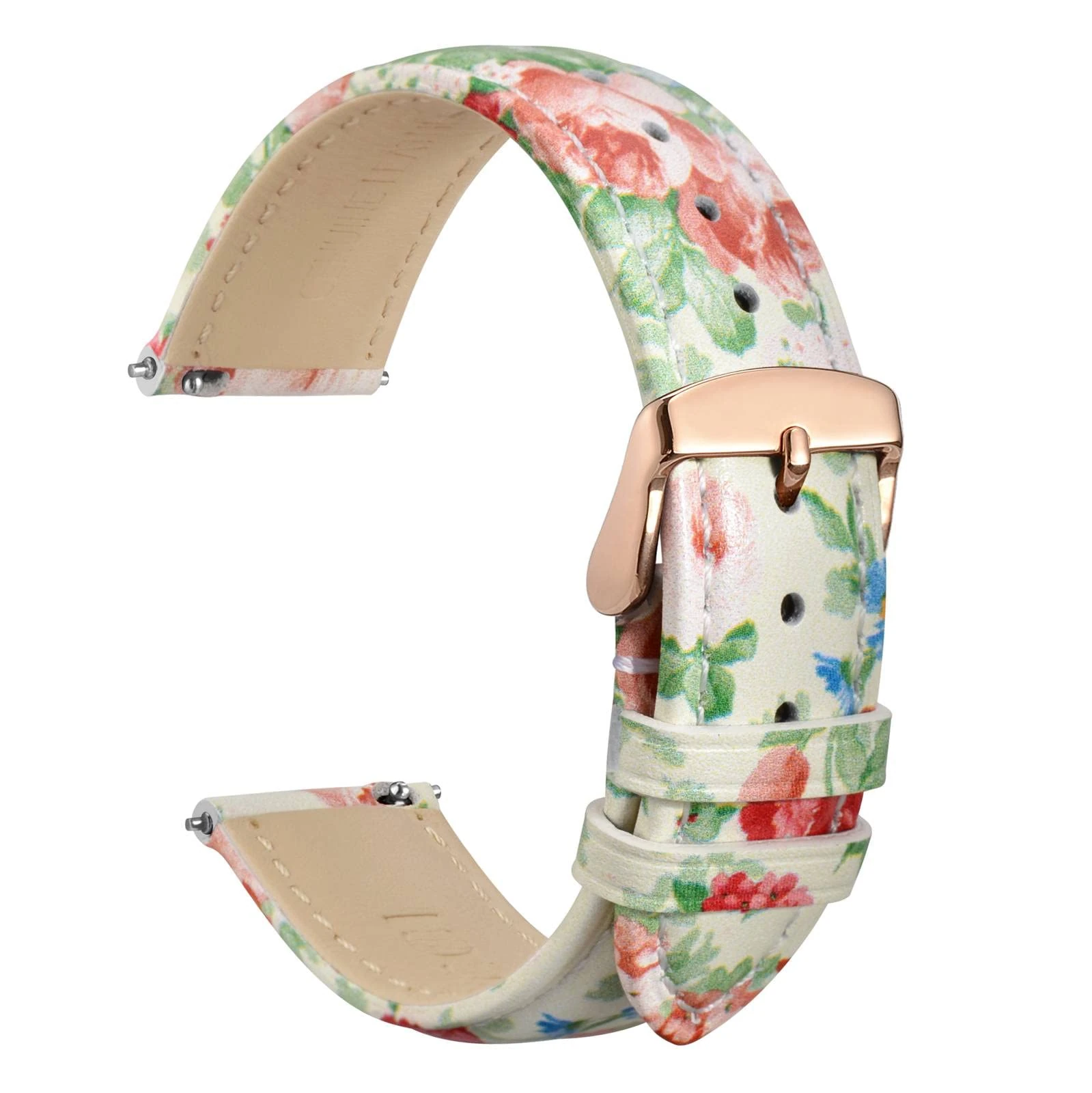 WOCCI 18mm Leather Watch Strap for Women with Floral Print, Quick Release Band, Rose Gold Buckle (White Garden)