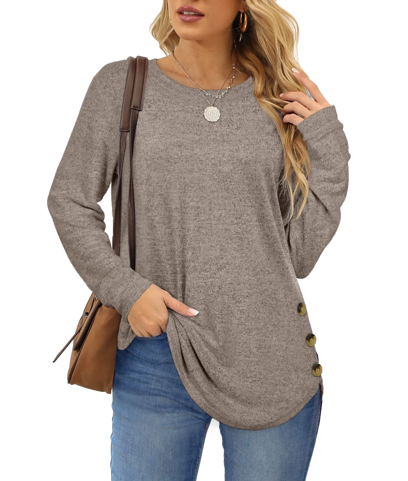 Aokosor Long Sleeve Tops Womens Jumpers Side Buttons Sweatshirts Tunic Ladies Tops Khaki Size 18-20