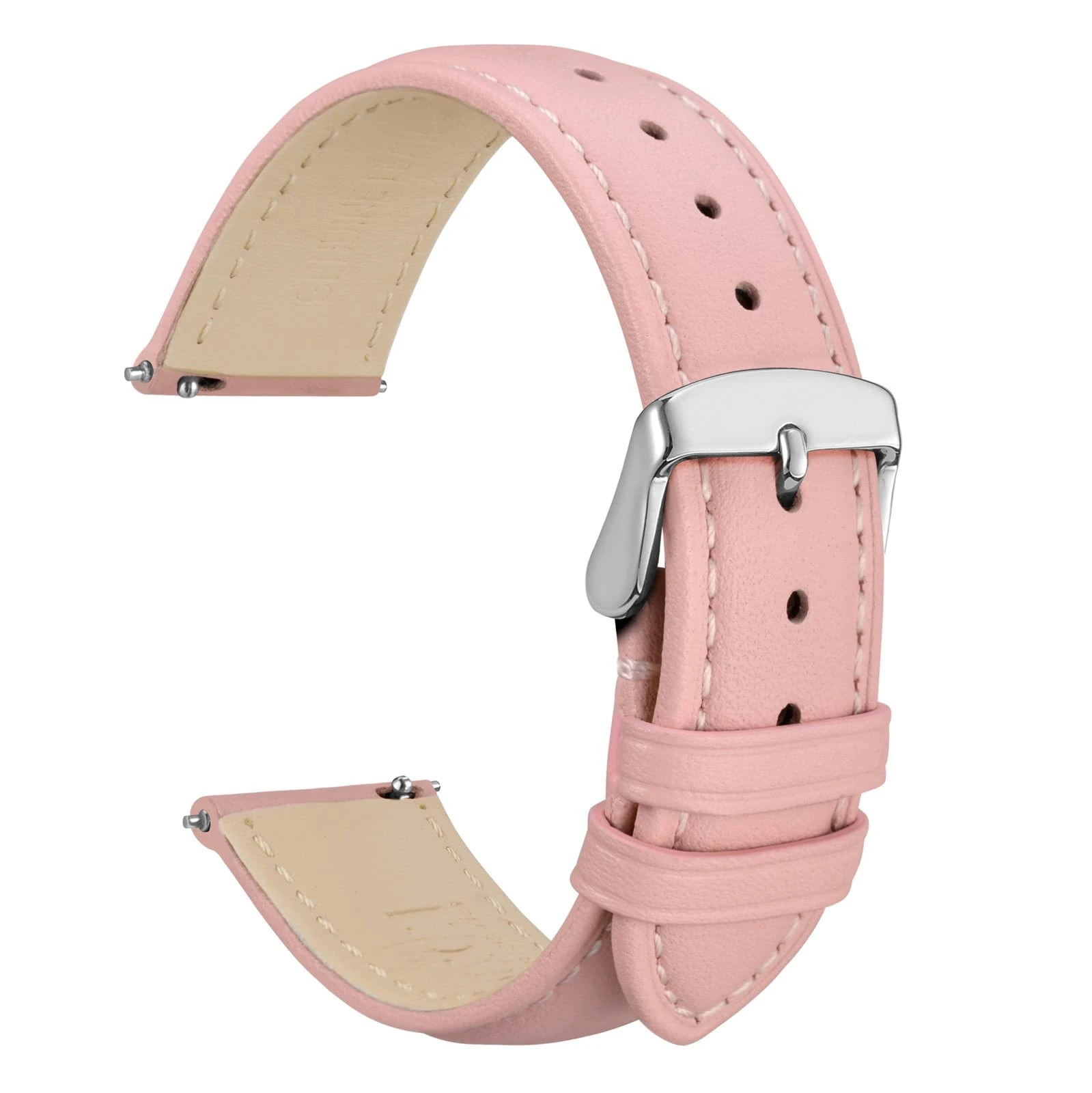 WOCCI 18mm Leather Watch Strap for Women, Quick Release Band, Silver Buckle (Pink)