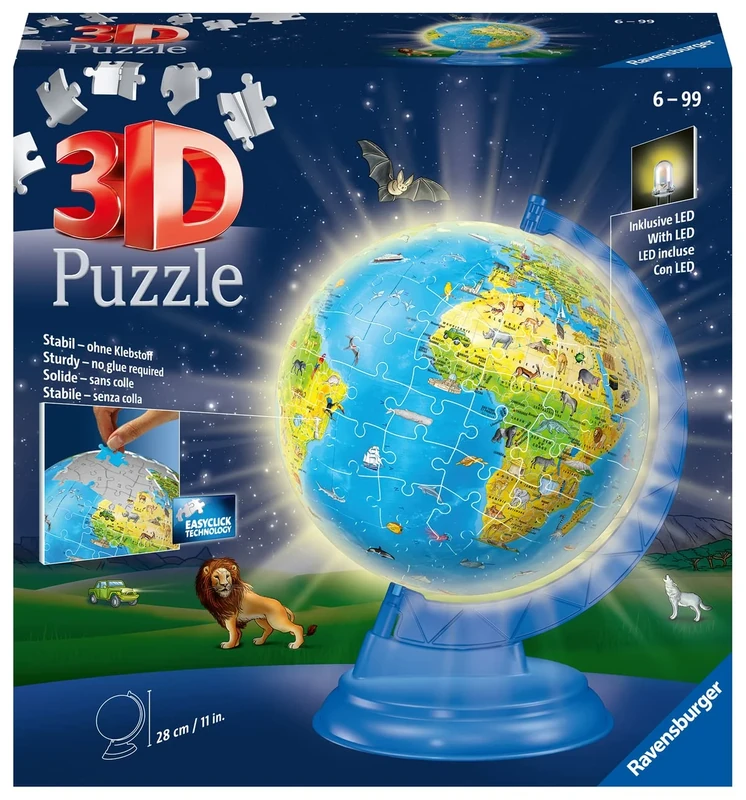 Ravensburger - Educational 3D Ball Puzzle - Illuminated Earth Globe - Ages 6+ - 180 numbered pieces to assemble without glue - Rotating and light stand included - 11289