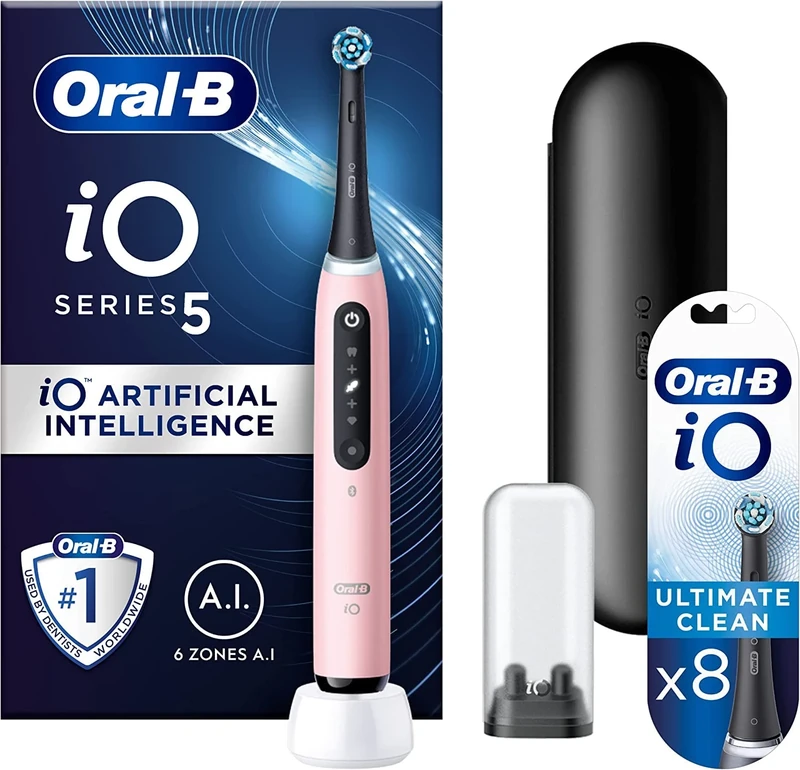 Oral-B iO5 Electric Toothbrush With Artificial Intelligence, Gifts For Women / Men, 1 Toothbrush Head & Travel Case, 5 Modes, Teeth Whitening, UK 2 Pin Plug, Pink + 8 Ultimate Clean Toothbrush Heads - Image 1