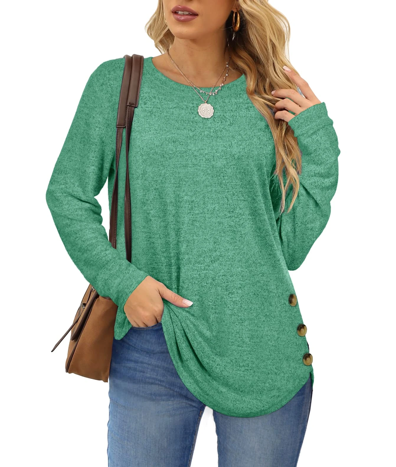 Aokosor Long Sleeve Tops Womens Jumpers Side Buttons Sweatshirts Tunic Ladies Tops Green Size 18-20