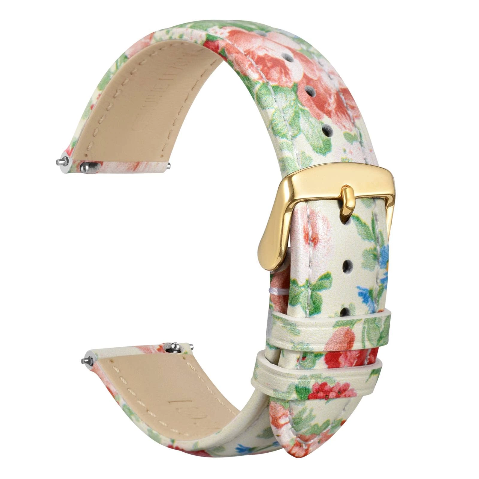 WOCCI 18mm Leather Watch Strap for Women with Floral Print, Quick Release Band, Gold Buckle (White Garden)