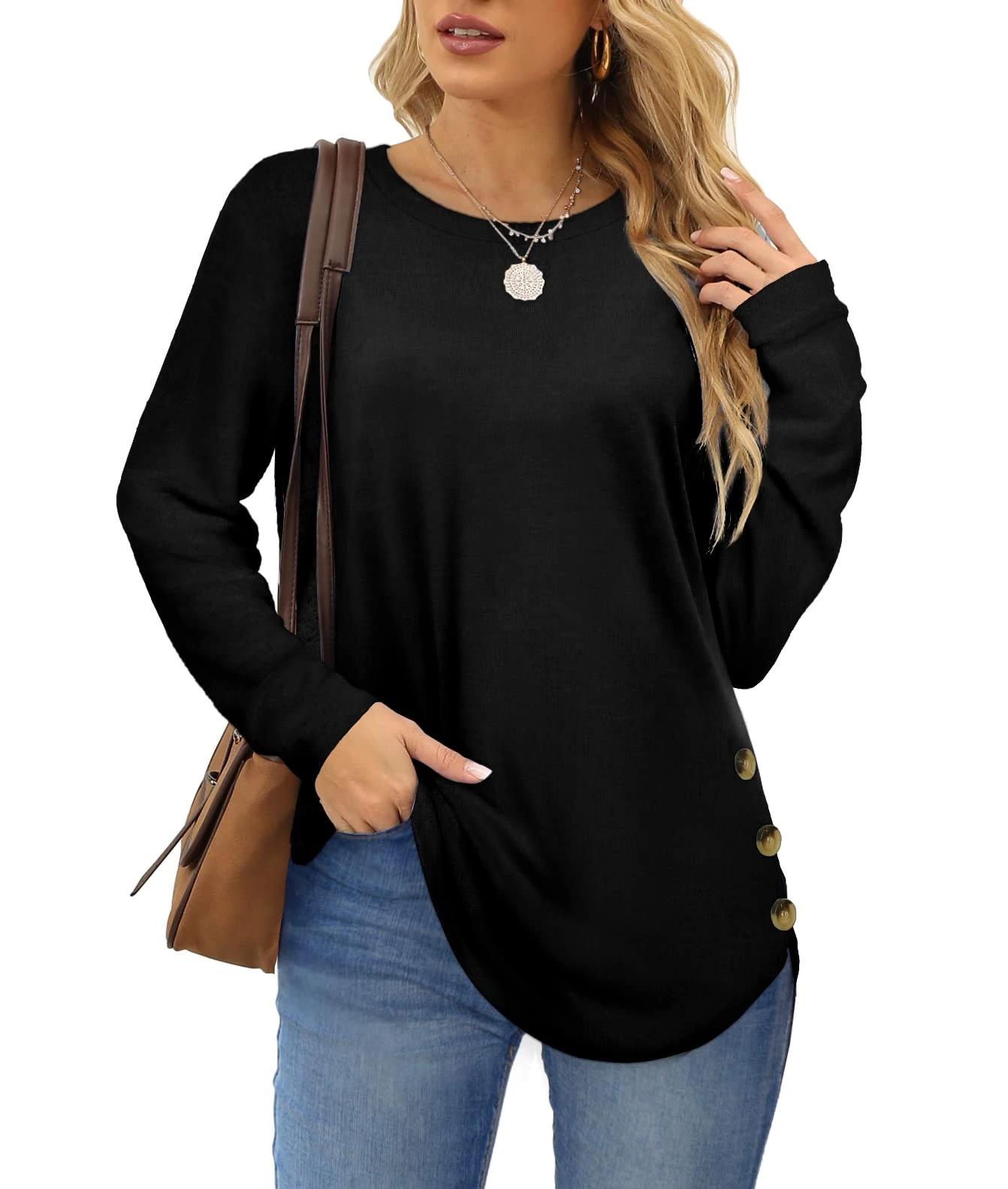 Aokosor Long Sleeve Tops Womens Jumpers Side Buttons Sweatshirts Tunic Ladies Tops Black Size 18-20