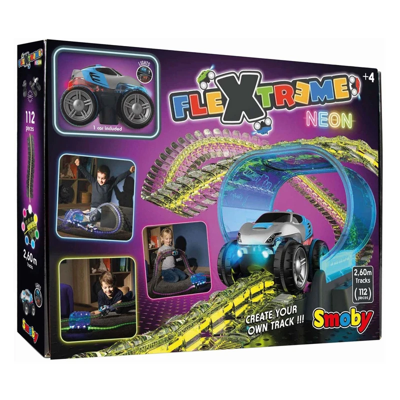 Smoby - FleXtreme Neon - Luminous Car Circuit - 2.60m of Translucent Tracks - Electronic Tunnel + 1 Vehicle Included - Batteries Included - Suitable for Ages 4+