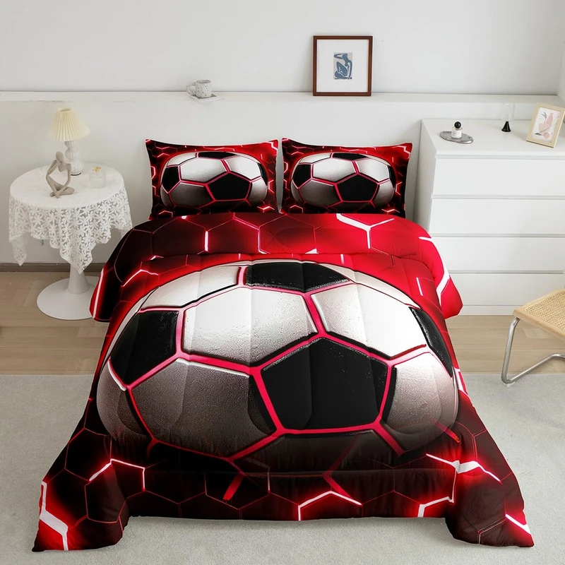 Erosebridal Football Bedding Comforter Sets for Boys Soccer Bedding Sets Full,Red Neon Light Decor Duvet Insert Modern Style Glowing Honeycomb Quilted Comforter 3Pcs,Sports Themed Bedroom Decor