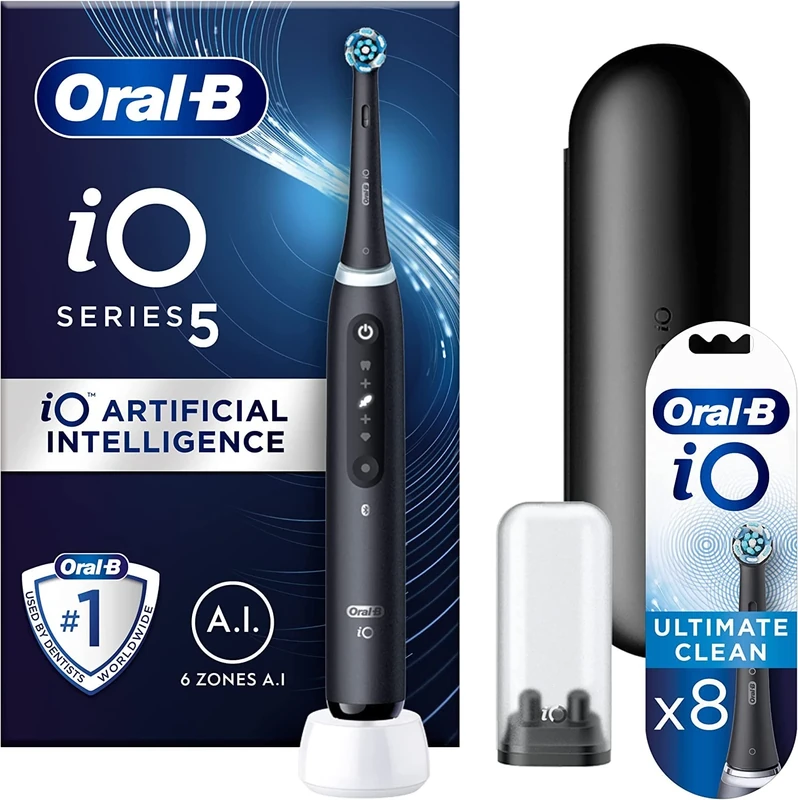 Oral-B iO5 Electric Toothbrush With Artificial Intelligence, Gifts For Women / Men, 1 Toothbrush Head & Travel Case, 5 Modes, Teeth Whitening, UK 2 Pin Plug, Black + 8 Ultimate Clean Toothbrush Heads
