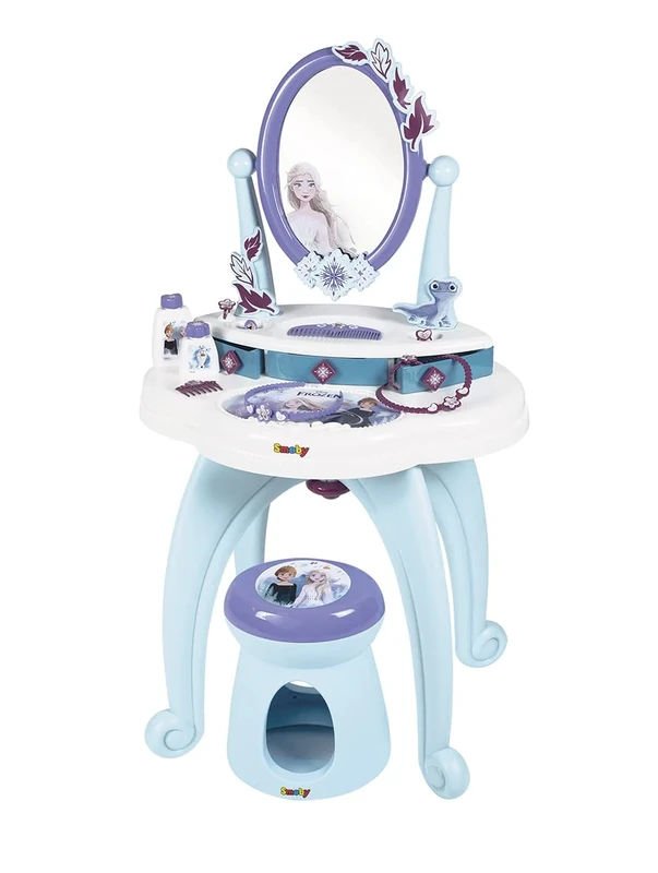 Smoby Disney, Frozen 2 in 1 Hairdressing Table, 10 accessories: 1 stool, 2 flasks, 1 necklace, 1 plastic headband, 3 rings, 1 bracelet, 1 hair clip, 1 comb, Purple, One Size (7600320244)
