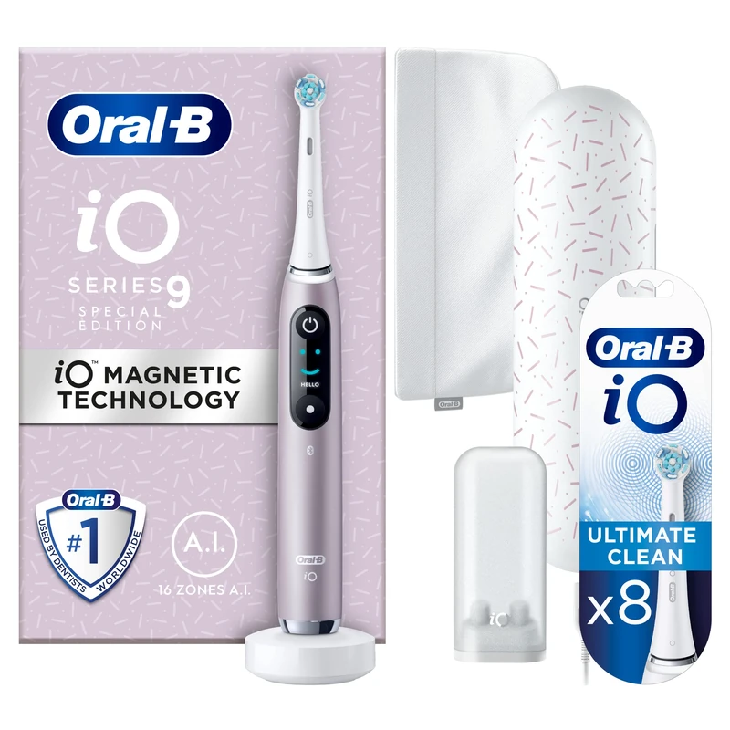 Oral-B iO9 Rose Quartz Special Edition - Come As You are + White Toothbrush Heads, Pack of 8 Counts