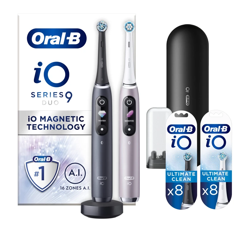 Oral-B iO9 Rose Quartz & Black Oynx Duo Pack+ Black Toothbrush Heads, Pack of 8 Counts + White Toothbrush Heads, Pack of 8 Counts