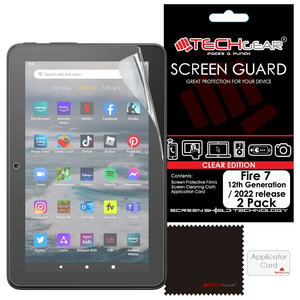 TECHGEAR 2 Pack Screen Protectors for Amazon Fire 7" & Fire Kids Edition 7" (2022) - Clear Lcd Screen Protectors - With Cleaning Cloth + Application Card