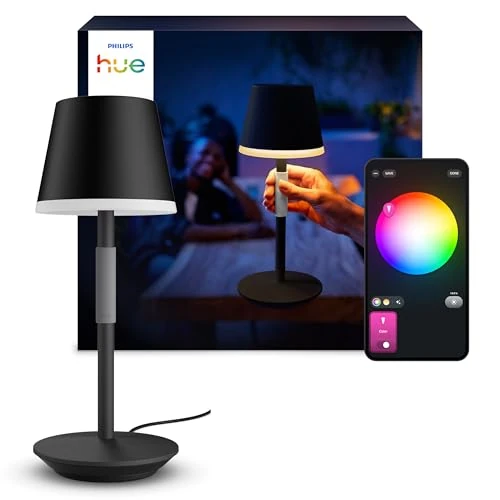 Philips Hue Go Smart Portable Table Lamp [Downlight - Black] Rechargeable Lamp, White & Colour Ambiance LED with Bluetooth, for Home Indoor Living Room, Office, Bedroom Lighting