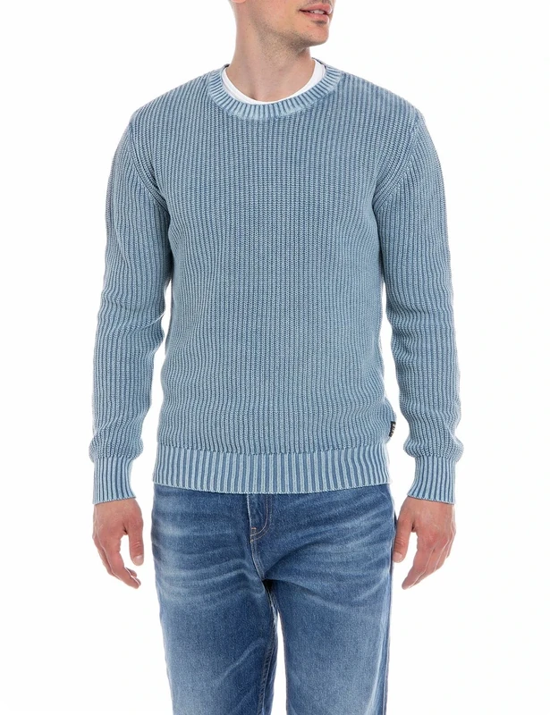 Replay Men's Knitted Cotton Jumper, Blue (Dusty Azure 281), M