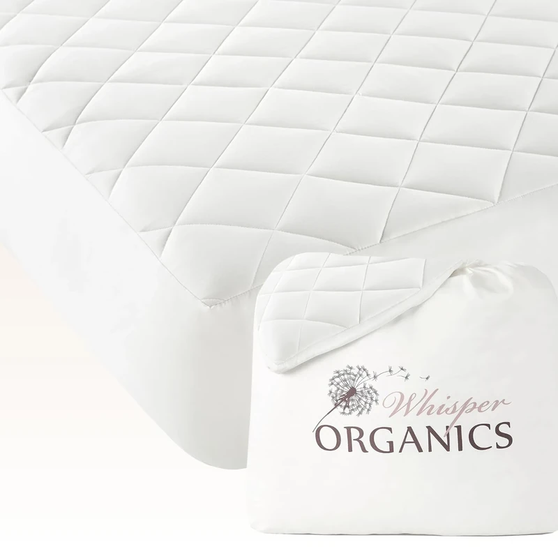 Whisper Organics Luxury Quilted Mattress Pad - Exquisite Softness 100% Organic Cotton Mattress Protector - Fair Trade, GOTS Certified Breathable Protective Cover, 17" Deep Pocket (Queen, Pure White)
