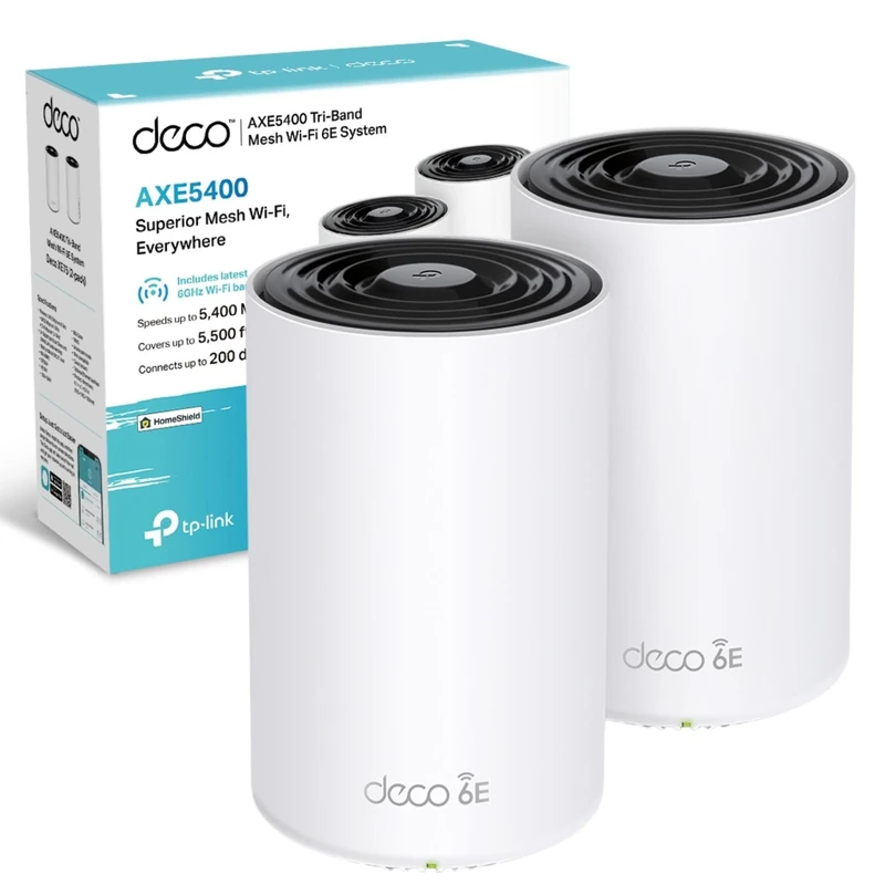 TP-Link Deco XE75(2-pack) AXE5400Mbps Wi-Fi 6E WiFi Mesh System, 8K Streaming, True Tri-Band Speed, AI-Driven WiFi Booster Router, Covers 500m2, Connect 200 Devices, Alexa, Easy Setup, Homeshield