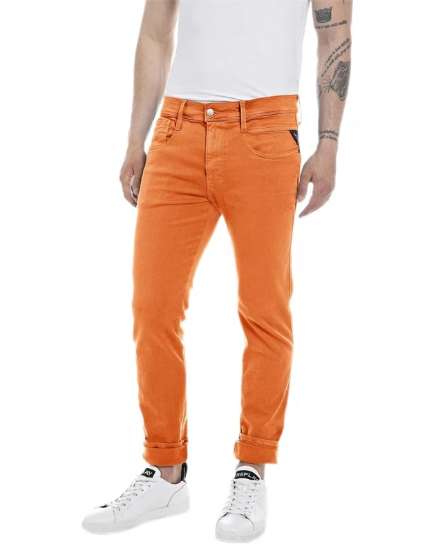 REPLAY Men's Anbass Slim-Fit Hyperflex Colour X-Lite Jeans with Stretch, Sunset Orange 844, 28 W/32 L